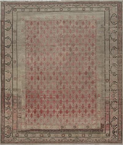 One of a kind Vintage Samarkand Beige Brown Pink Handmade Wool Rug
