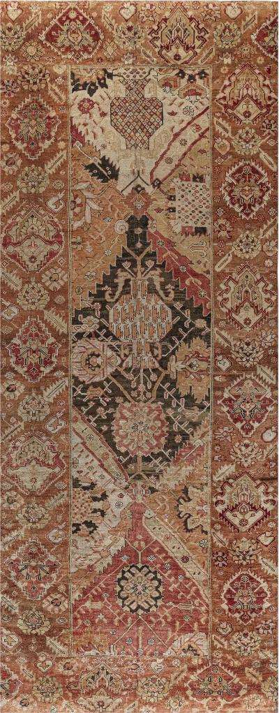One of a kind Vintage Turkish Oushak Bold Design Orange Handmade Wool Runner