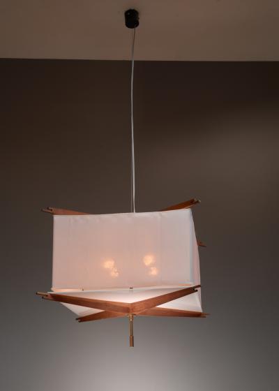One of five wood and fabric pendant lamps Italy 1950s