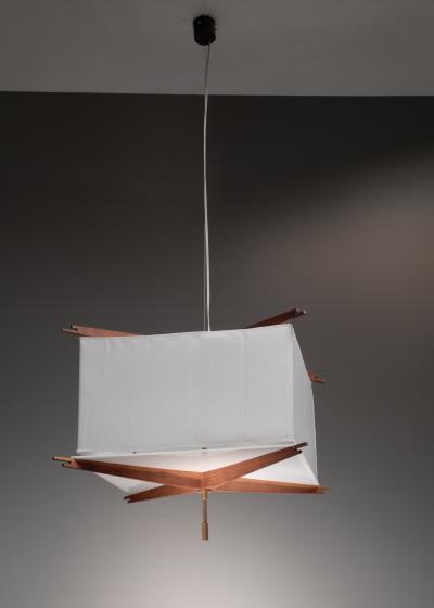 One of five wood and fabric pendant lamps Italy 1950s