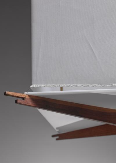 One of five wood and fabric pendant lamps Italy 1950s