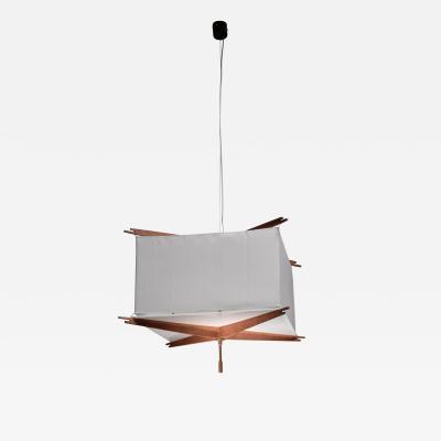 One of five wood and fabric pendant lamps Italy 1950s