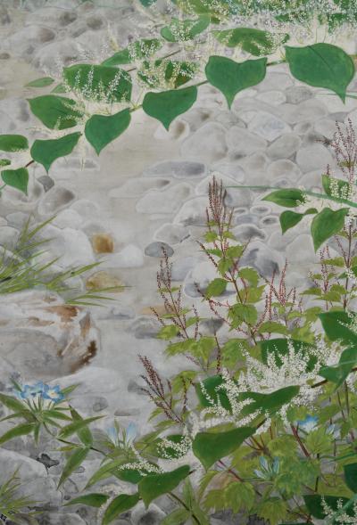 Ono Tosei Japanese Screen Pair Showa era Nihonga Riverside landscape Late Summer
