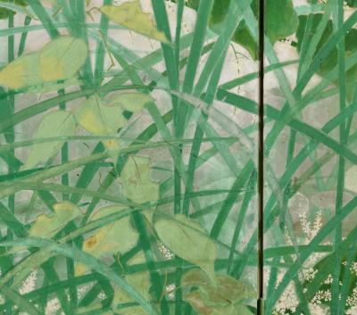 Ono Tosei Japanese Screen Pair Showa era Nihonga Riverside landscape Late Summer
