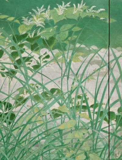 Ono Tosei Japanese Screen Pair Showa era Nihonga Riverside landscape Late Summer