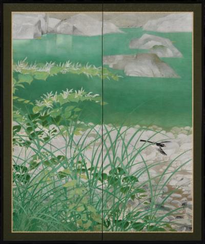 Ono Tosei Japanese Screen Pair Showa era Nihonga Riverside landscape Late Summer