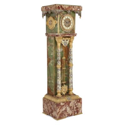 Onyx marble gilt bronze and champlev enamel pedestal clock