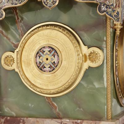 Onyx marble gilt bronze and champlev enamel pedestal clock