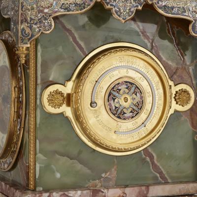 Onyx marble gilt bronze and champlev enamel pedestal clock