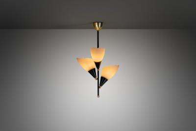 Opal Glass and Lacquered Metal Chandelier with Brass Details Europe 1950s