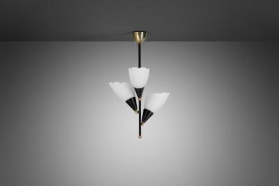Opal Glass and Lacquered Metal Chandelier with Brass Details Europe 1950s