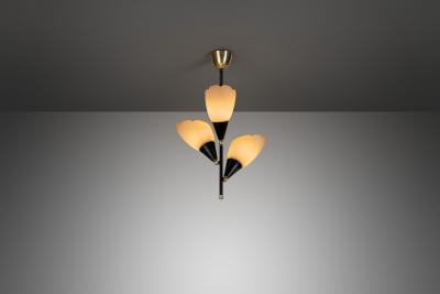 Opal Glass and Lacquered Metal Chandelier with Brass Details Europe 1950s