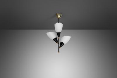 Opal Glass and Lacquered Metal Chandelier with Brass Details Europe 1950s