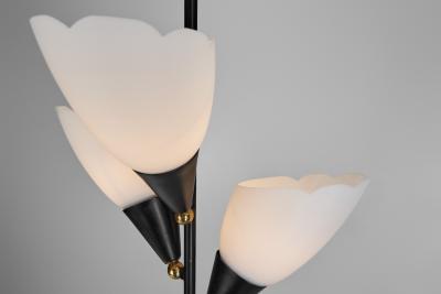 Opal Glass and Lacquered Metal Chandelier with Brass Details Europe 1950s