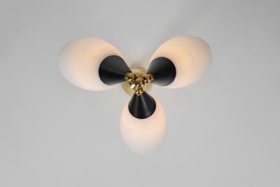 Opal Glass and Lacquered Metal Chandelier with Brass Details Europe 1950s
