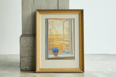 Open Window with Flowers Painting Belgium Early 20th Century