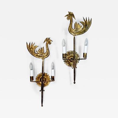 Opposing Pair of Jean Touret Cockerel Wall Lights for Ateliers de Marolles