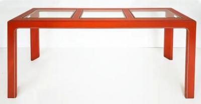 Orange Lacquered Brass Trimmed Console Table with Inset Beveled Glass Tops