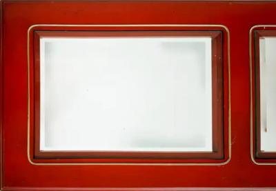 Orange Lacquered Brass Trimmed Console Table with Inset Beveled Glass Tops