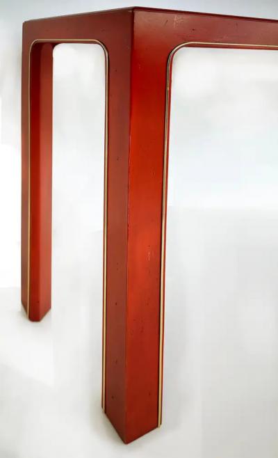 Orange Lacquered Brass Trimmed Console Table with Inset Beveled Glass Tops