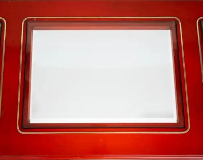 Orange Lacquered Brass Trimmed Console Table with Inset Beveled Glass Tops