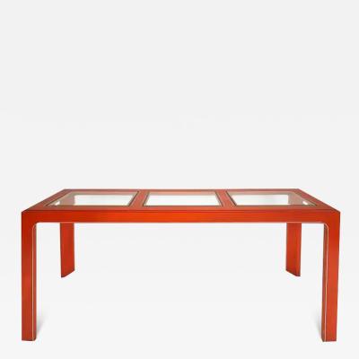 Orange Lacquered Brass Trimmed Console Table with Inset Beveled Glass Tops