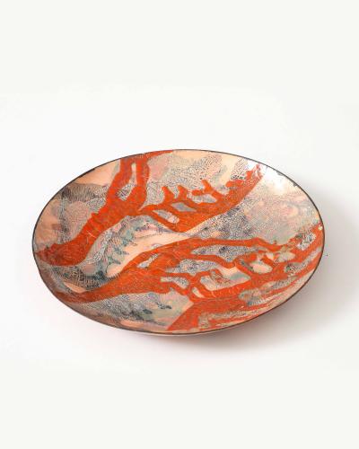 Orange and Black Enameled Copper Plate United States c 1960