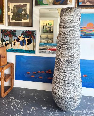 Organic Coastal Carved Palm Tree Trunk Pedestal Planter