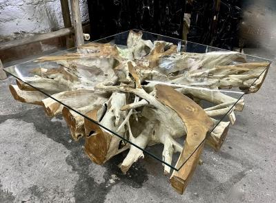 Organic Modern Bleeched Teak Root Coffee Table With Glass Plate IDN 2024