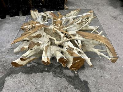 Organic Modern Bleeched Teak Root Coffee Table With Glass Plate IDN 2024