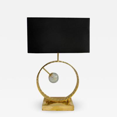 Organic Modern Italian Monumental Brass Smoked Murano Glass Round Table Lamp