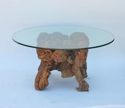 Organic Modern Quadripod Bog Wood and Glass Coffee Table