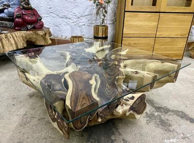 Organic Modern Root Table with Safety Glass Table Top Sonokeling Wood 2024