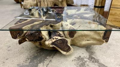 Organic Modern Root Table with Safety Glass Table Top Sonokeling Wood 2024