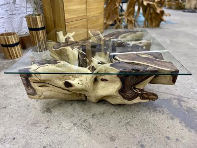 Organic Modern Root Table with Safety Glass Table Top Sonokeling Wood 2024