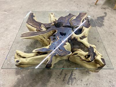 Organic Modern Root Table with Safety Glass Table Top Sonokeling Wood 2024