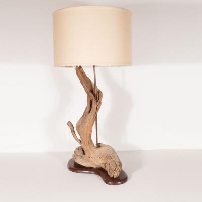 Organic Modern Sculptural Driftwood Table Lamp with Handrubbed Walnut Base