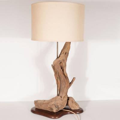 Organic Modern Sculptural Driftwood Table Lamp with Handrubbed Walnut Base
