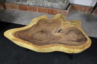 Organic Modern Suar Tree Coffee Table on Black Metal Feet