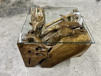 Organic Modern Teak Coffee Side Table Laquered Safety Glass Plate IDN 2024