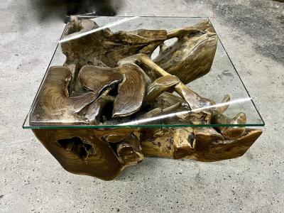 Organic Modern Teak Coffee Side Table Laquered Safety Glass Plate IDN 2024
