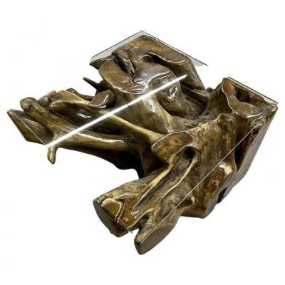 Organic Modern Teak Coffee Side Table Laquered Safety Glass Plate IDN 2024