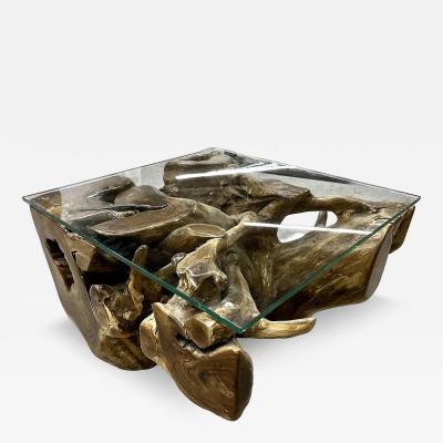 Organic Modern Teak Coffee Side Table Laquered Safety Glass Plate IDN 2024