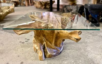 Organic Modern Teak Root Coffee Table With Safety Glass Top IDN 2025
