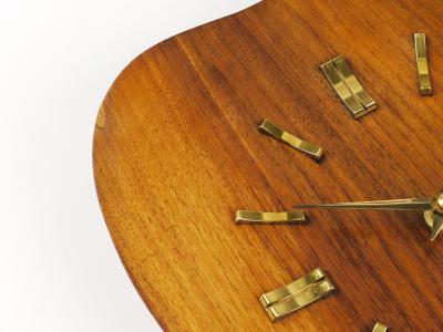 Organic Scandinavian Modern Mid Century Wall Clock Teak Brass 1950s