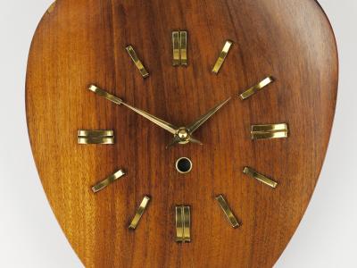 Organic Scandinavian Modern Mid Century Wall Clock Teak Brass 1950s