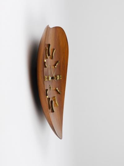 Organic Scandinavian Modern Mid Century Wall Clock Teak Brass 1950s