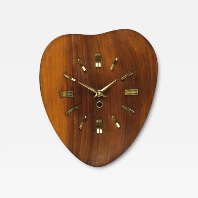 Organic Scandinavian Modern Mid Century Wall Clock Teak Brass 1950s