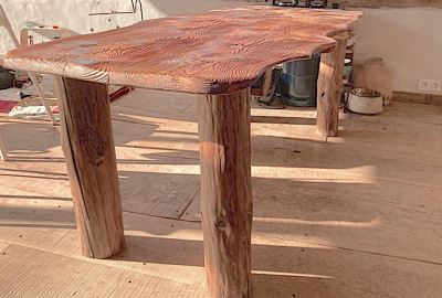 Organic brutalist pine tree dinning table in vintage condition