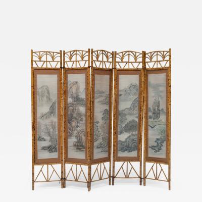 Oriental Bamboo Fabric Room Divider 1960s